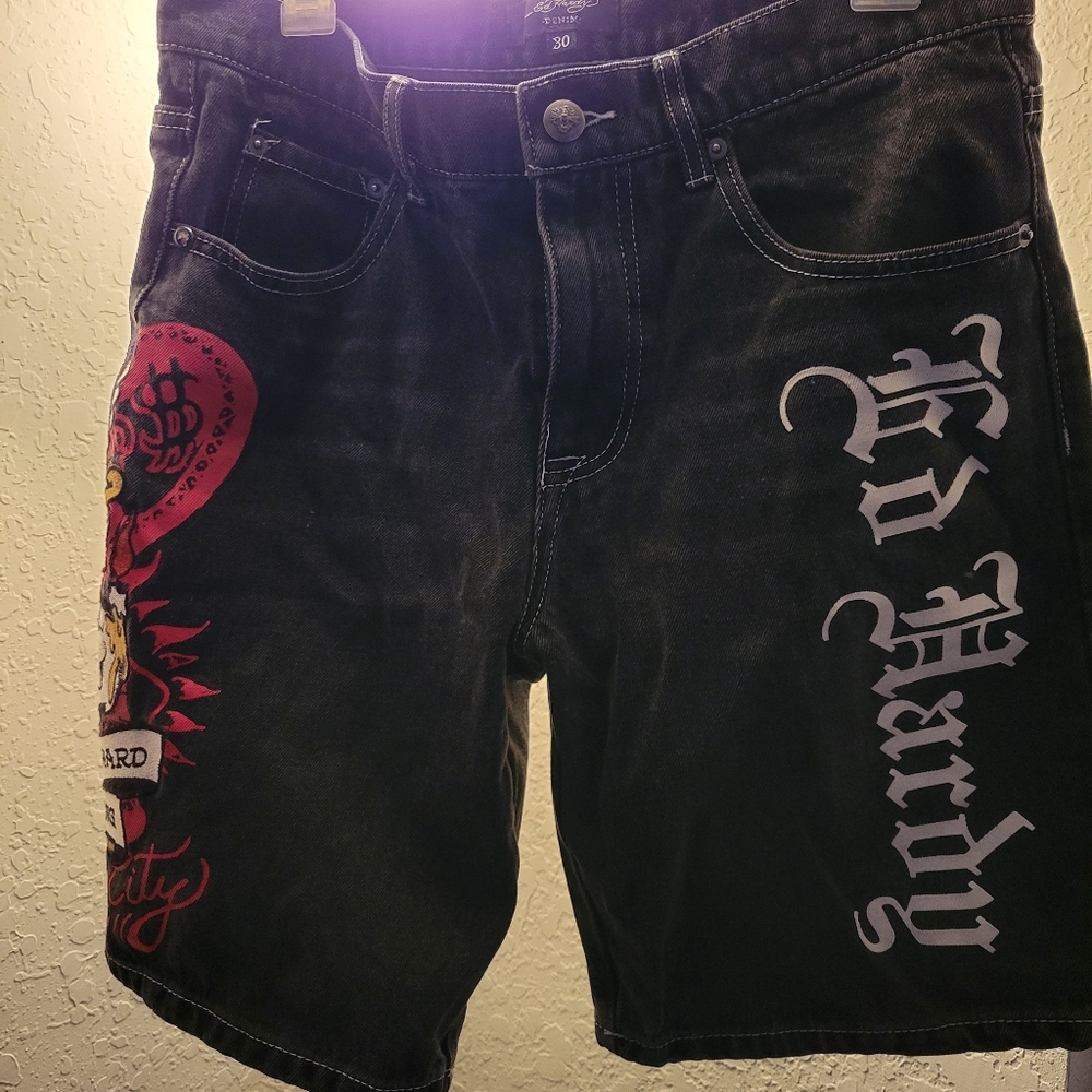 Ed Hardy Dark Jean Shorts with Red and White Graphics